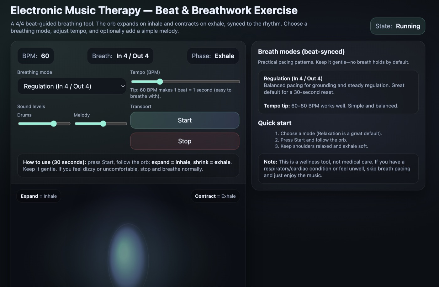 Pantalla de la herramienta Beat & Breathwork